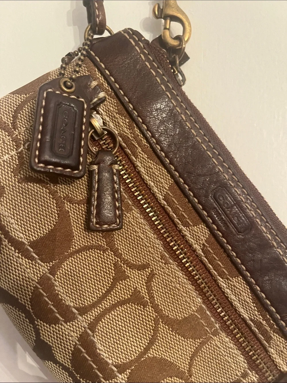 Coach Brown Signature Canvas Wristlet with Dark Brown Leather Trim